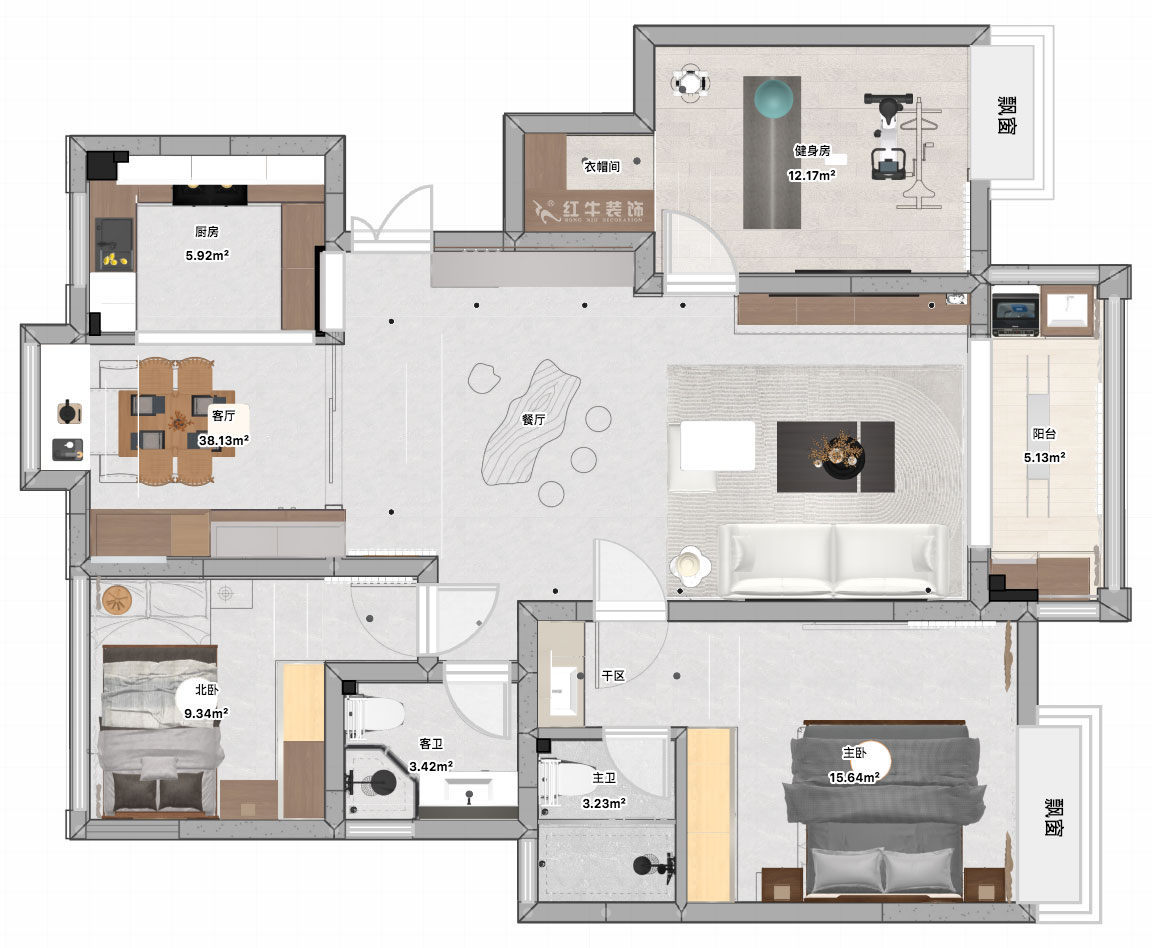 张智猿｜启迪城博园1-302-114㎡-现代风格｜3室2厅1卫｜新房装修｜定制家｜全包17万｜00_04平面彩图